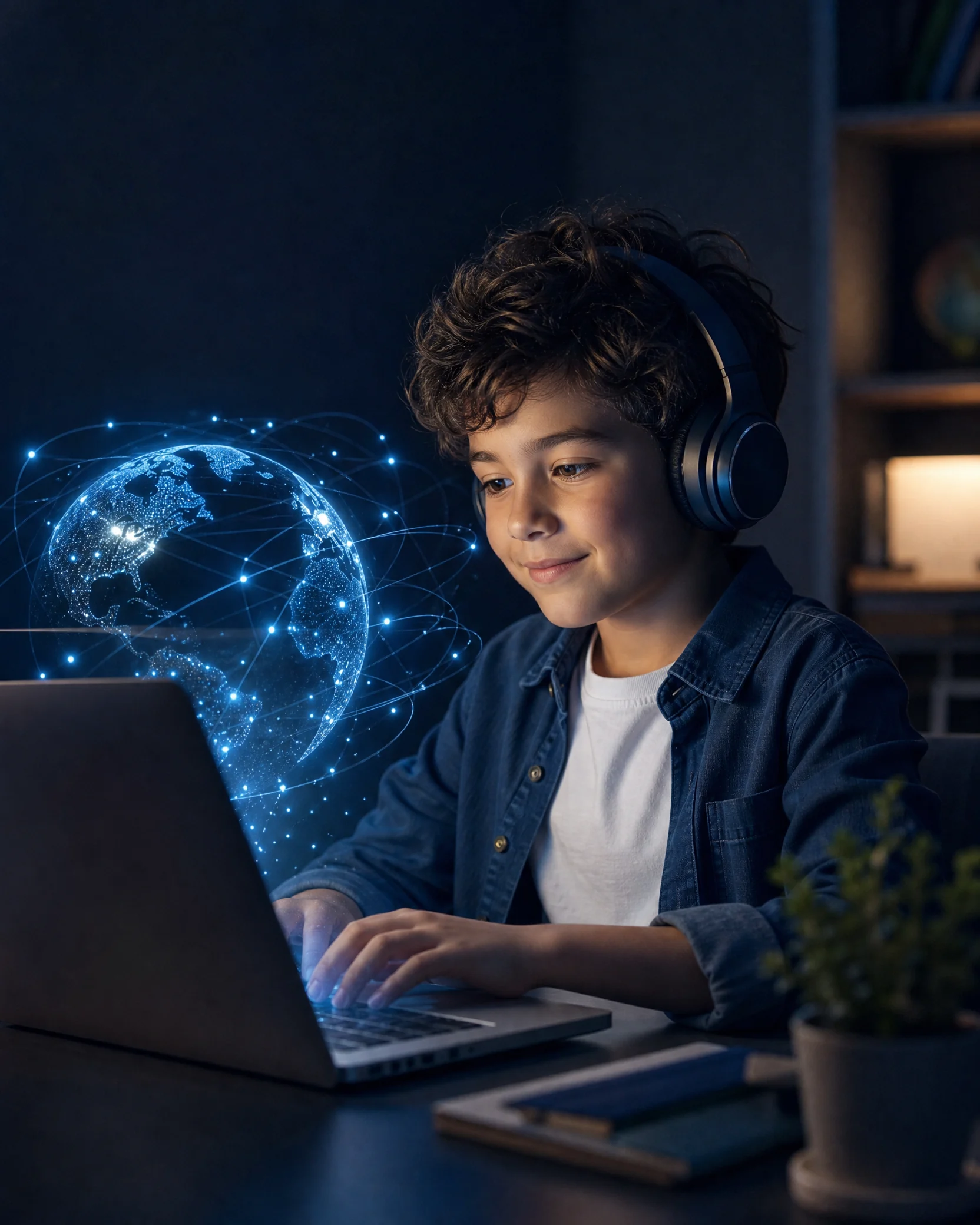 A child with headphones using a laptop as a glowing world of connected ideas rises above it.